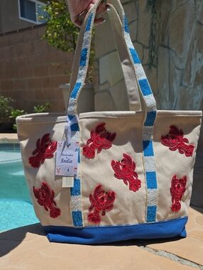 Viral Beaded Cream Tote with Blue and White Trim and Red Lobster Design